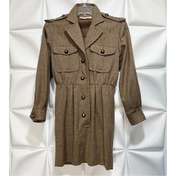 Yves Saint Laurent 36 US Sz 4 Brown Tweed s Utility Military Dress Vtg YSL  RARE